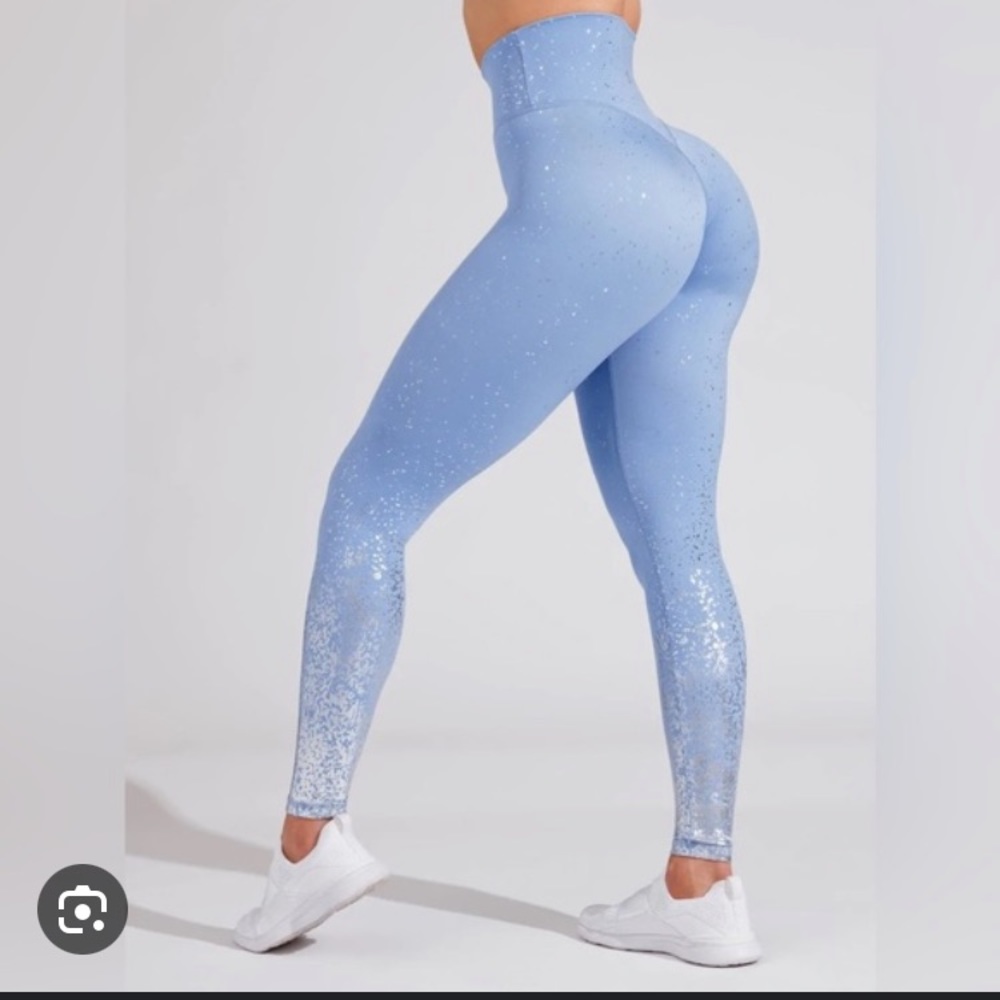 Buffbunny Dazzle Peri Blue Leggings Size Large Metallic Ombré Silver Shiny